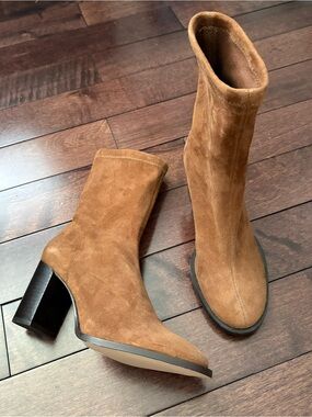 Women's Tan Suede Mid-Calf Block Heel Sock Boots